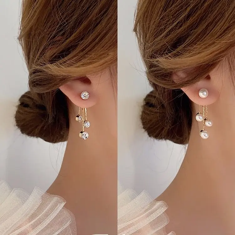 Anting Needle Rumbai - Aksesoris Anting Kristal Mutiara Panjang