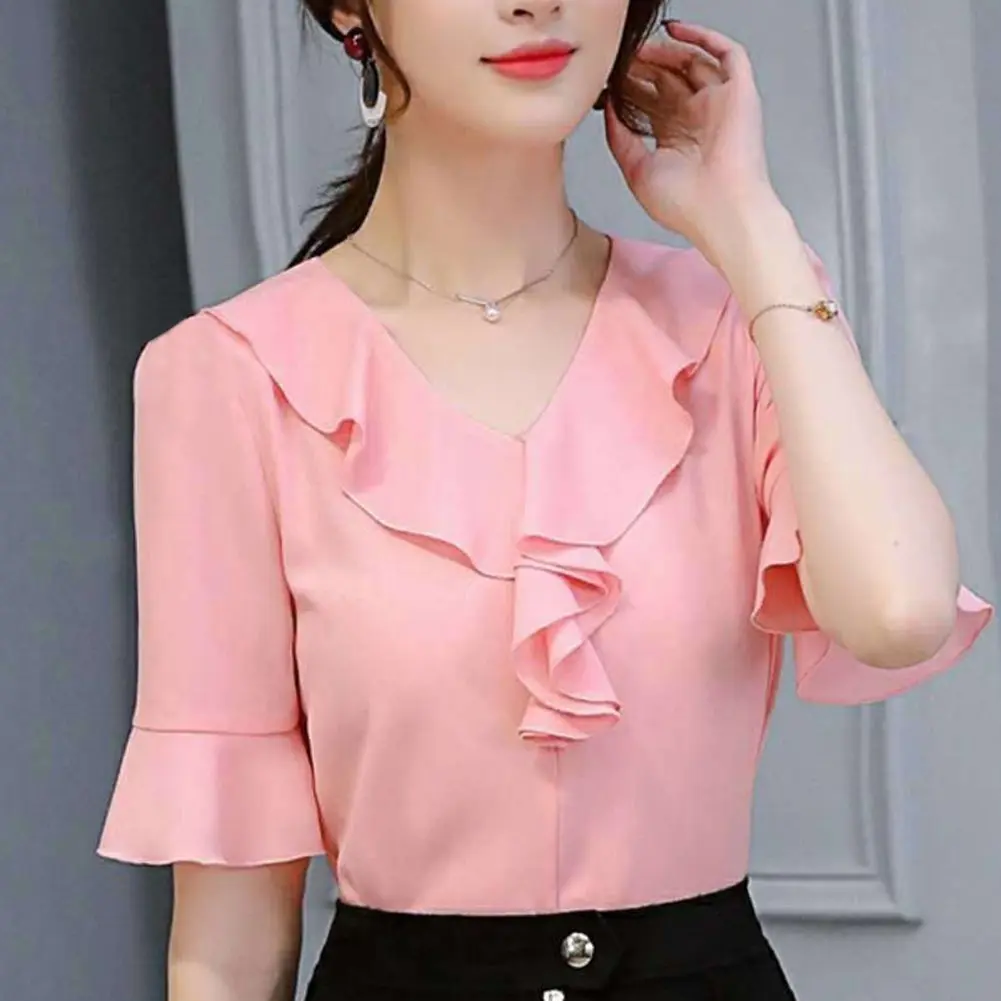 Áo Sơ Mi Voan Nữ Tay Ngắn, Áo Đơn Giản, Dáng Rộng Vừa Vặn, Cổ Chữ V, Thích Hợp Cho Mùa Hè, Dễ Phối Đồ, [DLTK]