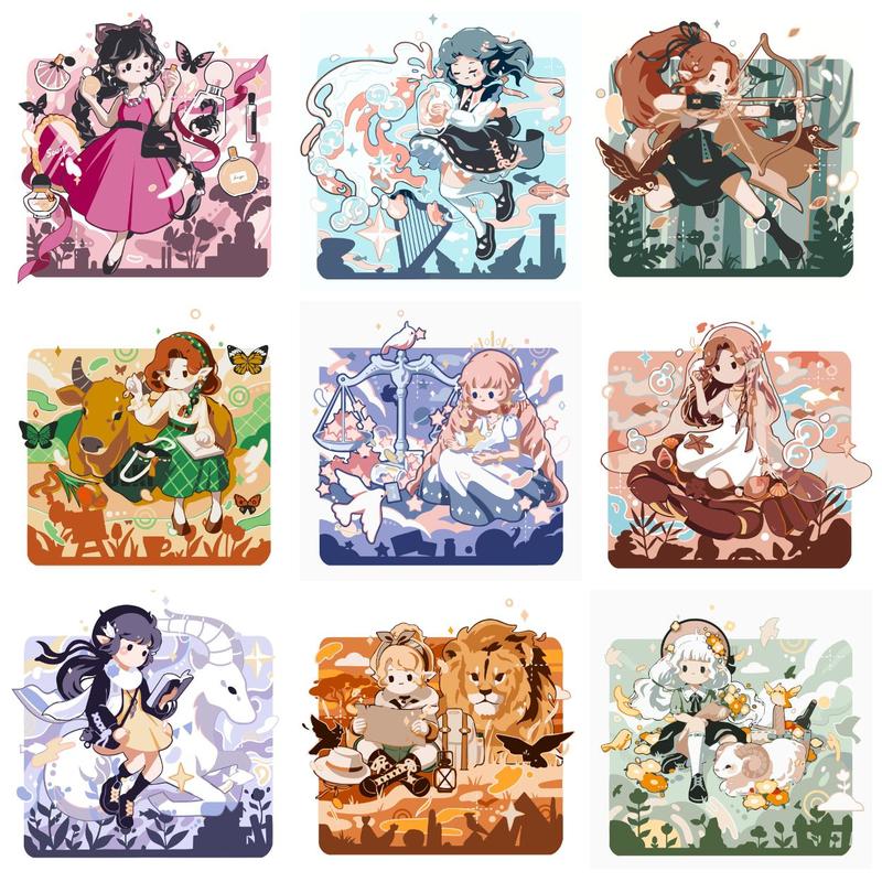 Tranh tô màu theo số 12 cung hoàng đạo phiên bản Anime hoạt hình cute dễ thương GAM size mini dễ tô Vẽ Tranh Làm Đồ Handmade