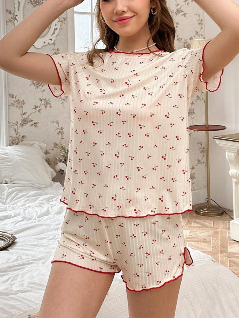Product Introduction of Women's All Over Cherry Print Lettuce Trim Round Neck Tee & Elastic Waist Shorts Pyjama Two-Piece Set, Casual Comfy Crew Neck Short Sleeve T-shirt & Curved Hem Shorts PJ Set, Ladies Summer Sleepwear 5