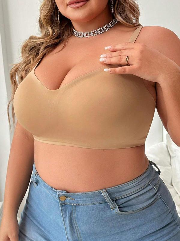 【Plus Size】 Solid Adjustable Strap Wireless Push Up Bra, Casual Comfortable Breathable Lingerie Top for Daily Wear, Women's  Underwear for All Seasons 4