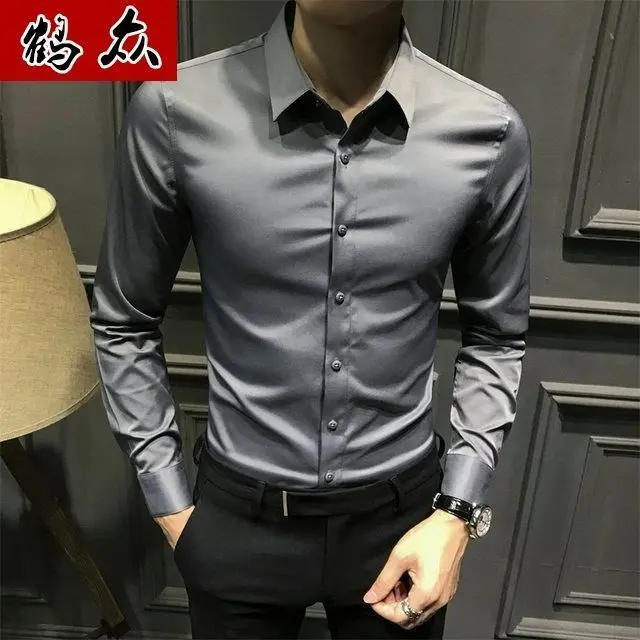 Áo Sơ Mi Công Sở Thường Ngày Dáng Ôm Phong Cách Hàn Quốc 2024 Áo Sơ Mi Đẹp Trai Hợp Thời Trang Không Cần Ủi GW Áo Sơ Mi Màu Xám Dáng Mỏng Dài Tay Cho Nam Menswear Shirt