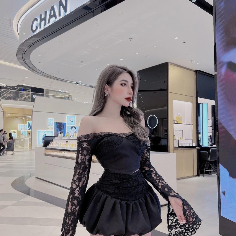 Sét thiết kế áo trễ vai phối ren chân váy bồng bềnh  913 Nhung Voi Nữ Women