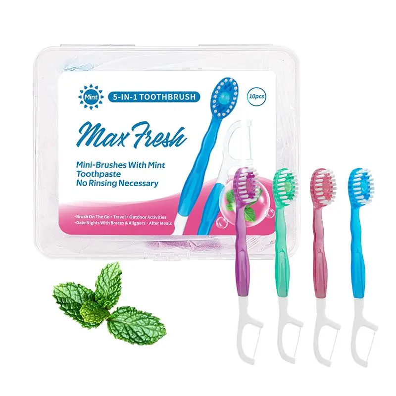 Portable 5 in 1 Mini Toothbrush Set, 10pcs/box Refreshing Toothbrush with Storage Box, Oral Care Tool for Home & Travel, Christmas Gift, Dental Kit