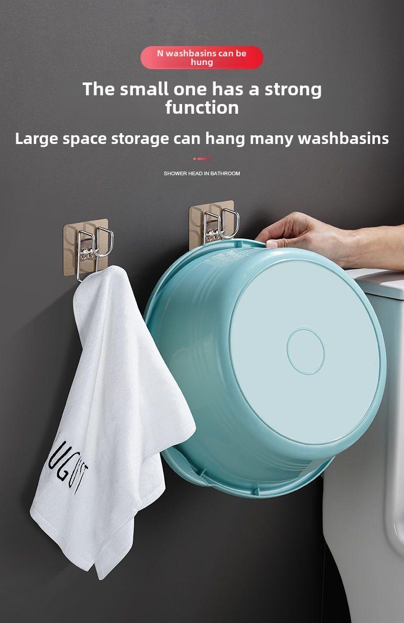 Product Introduction of No Drill Bathroom Hooks - Adhesive Wall Mounted Basin Holder, Space Saving Shower Organizer, Strong Sticky Hanging Rack for Face Wash Bowl, Durable & Waterproof - Perfect for Home, Toilet, Kitchen - Easy Install, Stay Firm 3