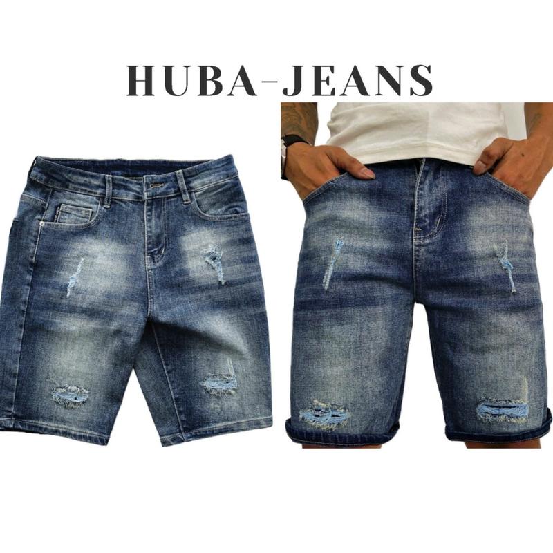 Quần jean nam sort HUBA-JEANS (BIGSIZE) rách wash xanh đậm lót may vá Menswear Pants Có Túi Kem Denim quầntàntật quần purple quần biker