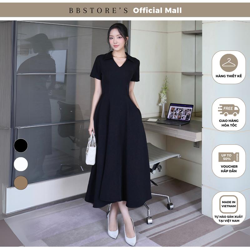  Đầm Dài Công Sở Cổ Tim Nửa Lá Cổ Phom Xòe Chất Cotton Hàn BBSTORE'S - D4322B 