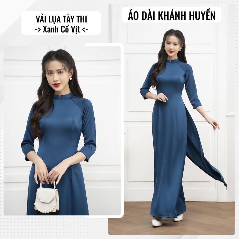 Áo dài nữ Xanh Cổ Vịt trơn truyền thống 2 tà vải lụa tây thi cổ cao 2cm (Lẻ áo và Bộ) - Áo Dài Khánh Huyền