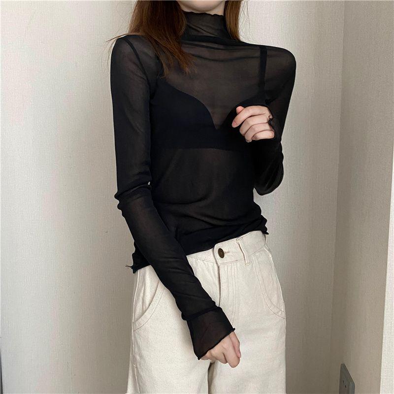 Áo Sơ Mi Cổ Lọ Mỏng Vừa Vặn, Milyfashion, Bên Trong Dài Tay Áo, Lưới Mỏng, Selvedge Dây 4
