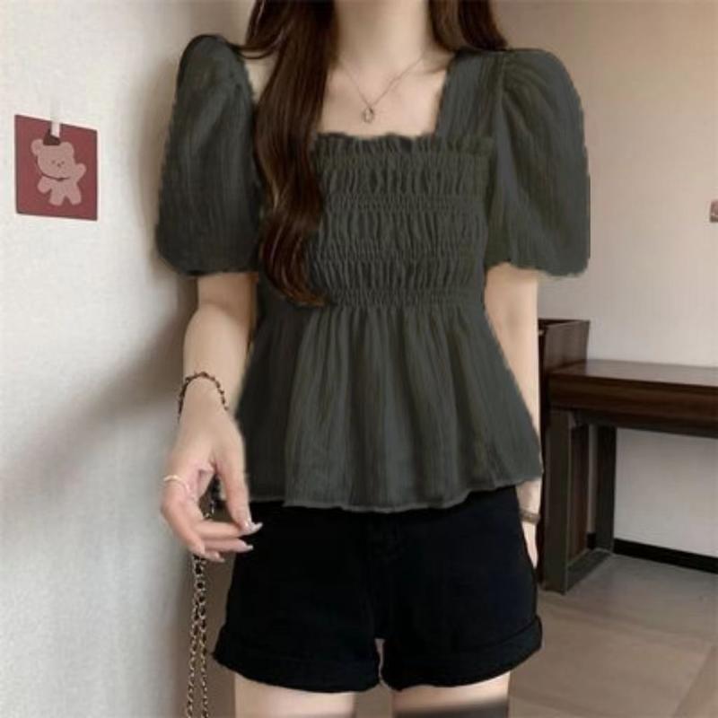 Product Introduction of Áo Voan, Cổ Vuông Phong Cách Pháp, ngắn Tay, Hàng Mới Về Mùa Hè 2025, Tay Phồng Duyên Dáng Áo Ngắn, Áo Cánh Dáng Rộng Vừa Vặn, Dành Cho Nữ 35