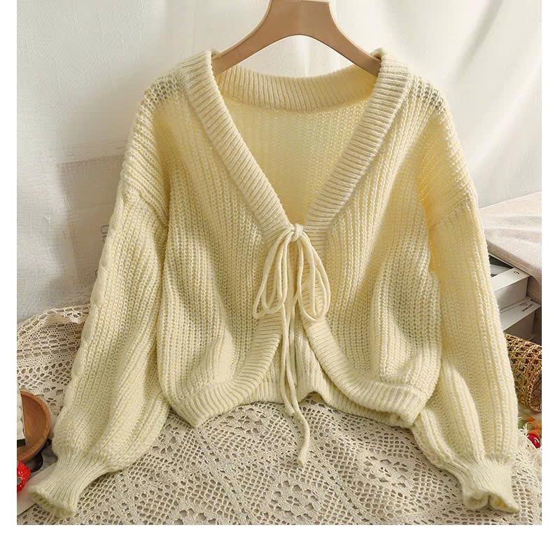 Áo len kiểu nữ chất dệt kim khoác cardigan buộc dây form vừa dài tay màu kem xinh thu đông Hàn Quốc Kozoda AL502 Women Top