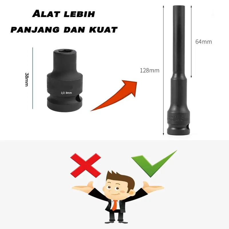 4PCS Mata Kunci Shock Cover /  Kunci Shock Panjang / 8-14mm Extra Panjang 130mm (13cm) High Hardness 1/2 Hex Socket Head Adapter for Electric Wrench and Lithium Wrench Driver Socket Sleeve 2