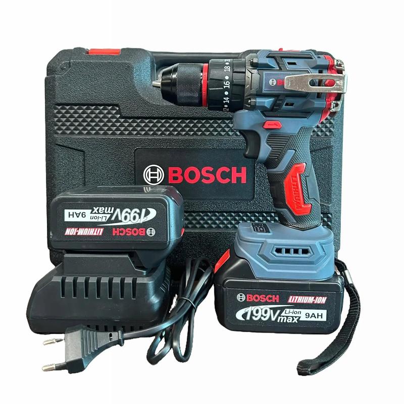 Máy khoan bosch 199v 10mm 3 chức năng có búa đầu auto lock chân pin phổ thông tặng 25 món phụ kiện
