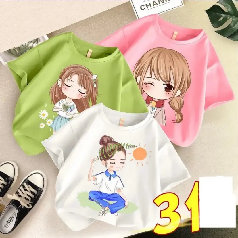 Áo phông ngắn tay hình cô gái chất Thun COTTON  size từ 13kg-49kg Màu trắng Cotton Thông thường Cổ tròn Màu trắng,áo phông cho bé gái