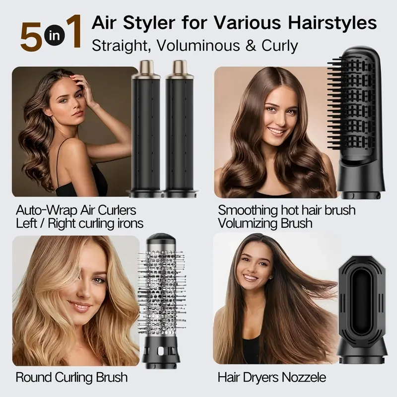 5 in 1 Hair Dryer Brush, Multifunctional Hair Styling Tool, Hair Dryer & Styler, Hair Straightener & Curler, Professional Hair Styling Tool for Women, Black 2