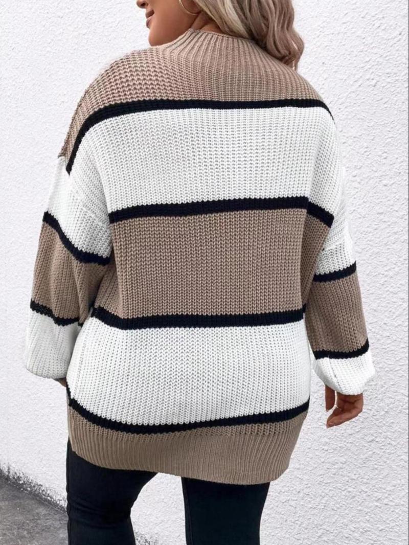 Product Introduction of 【Plus Size】 Colorblock Striped Print Drop Shoulder Sweater Pullover, Casual Chic Long Sleeve Round Neck Jumper for Fall & Winter, Women's Plus Clothing for Daily Wear 9
