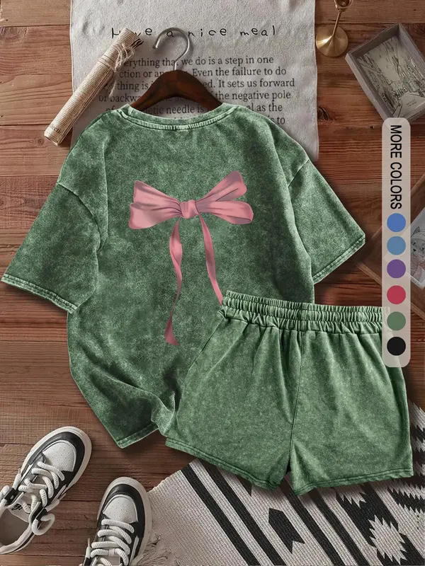 Two-Piece Set Women's Bow Print Tee & Shorts, Casual Short Sleeve T-shirt & Skinny Shorts, Ladies Summer Clothes for Daily Wear 4