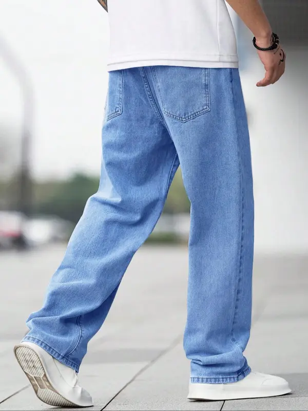 Men's Solid Color Wide Leg Jeans, Loose Casual Comfy Denim Trousers for Daily Wear, Fashion Men's Bottoms for All Seasons, Cotton, Casual Pants 1