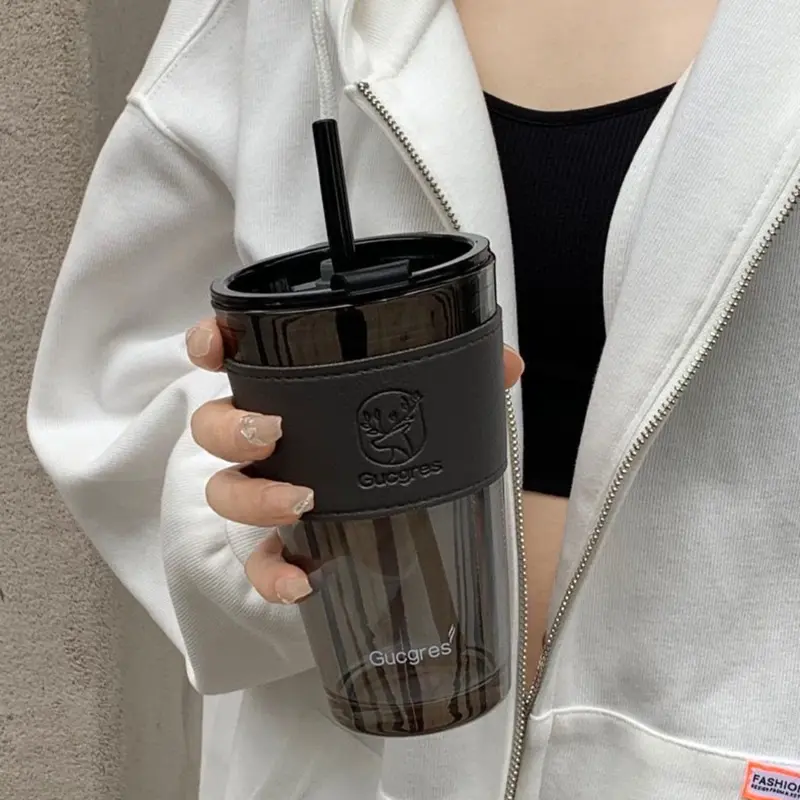Tumbler Gelas Kaca Botol Minum Aesthetic Mug Kopi Cup Glass Dengan Case dan Sedotan 7