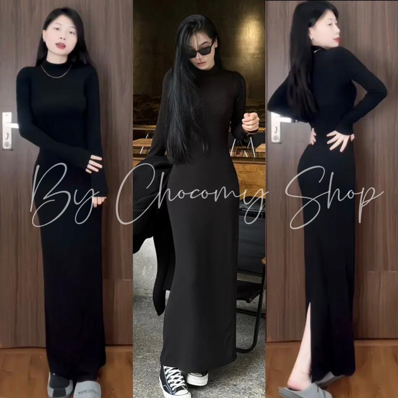 Đầm body nữ dáng dài tay dài cổ tròn cao 3 phân chất thun cotton co giãn xẻ phía sau- ChocomyShop D384