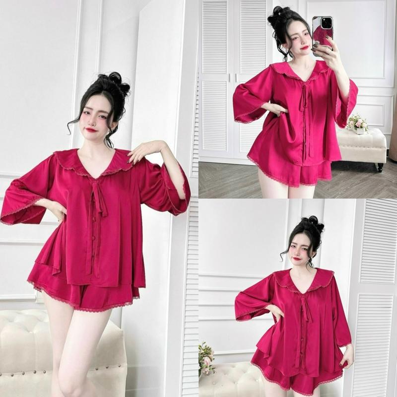 (48-80kg) Đồ Bộ Tiểu Thư Tay Loe Quần Xoè Phối Ren Cột Nơ Lụa Latin Freesize, Đồ Bộ Nữ Mặc Nhà