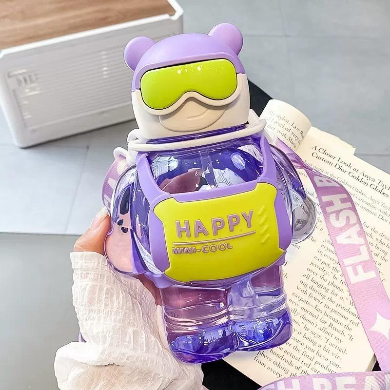 800ml Cartoon Design Water Bottle, 1 Count Portable Cute Water Bottle With Straw & Lanyard, Drinking Bottle For Student 6