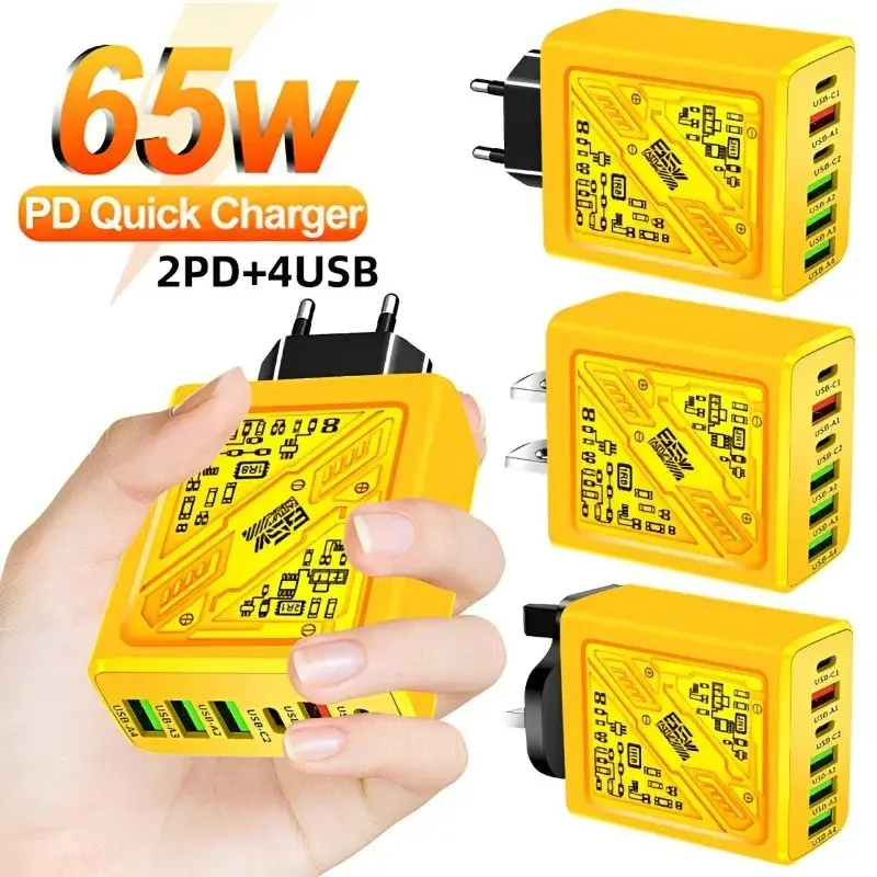Bộ Chuyển Đổi sạc nhanh USB type C PD, 65W, 6 cổng, 2PD và 4usb giao diện, Tương thích với iPhone, Samsung, Xiaomi, Huawei, Oppo