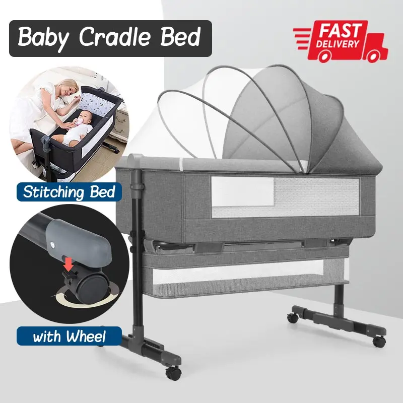 [Ready Stock] Baby Cradle Crib Bed Height Adjustable Bed Safe Co-Sleeping with Detachable Side Panel for 0-2 Years
