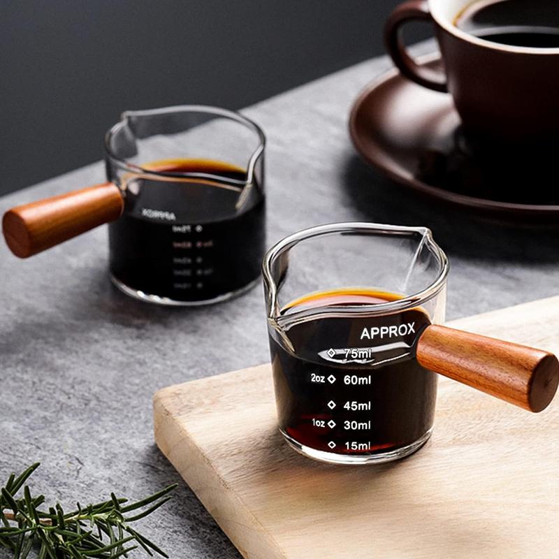Product Introduction of 1/2pcs 100ML Double Spout Coffee Milk Glass Pot with Wood Handle Cute Measuring Frothing Pitcher Latte Cup for Barista Coffee Making 6