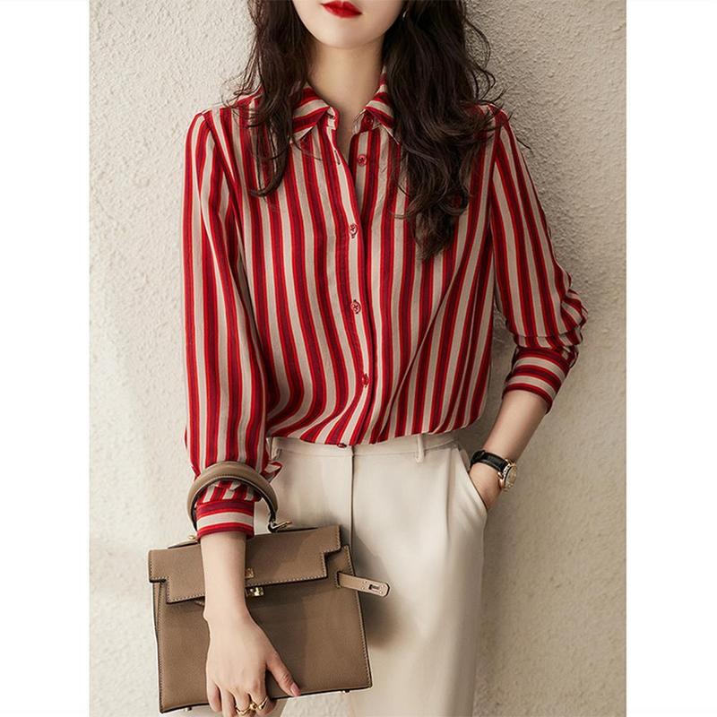 Áo Sơ Mi Cổ Búp Bê, Sọc Đỏ, Dành Cho Nữ, Phong Cách Cao Cấp Pháp, Thiết Kế Đẹp, Áo Độc Đáo Áo Sơ Mi Cơ Sở Thanh Lịch, Bộ Sưu Tập Xuân Thu 2024, Hàng Mới Về 0