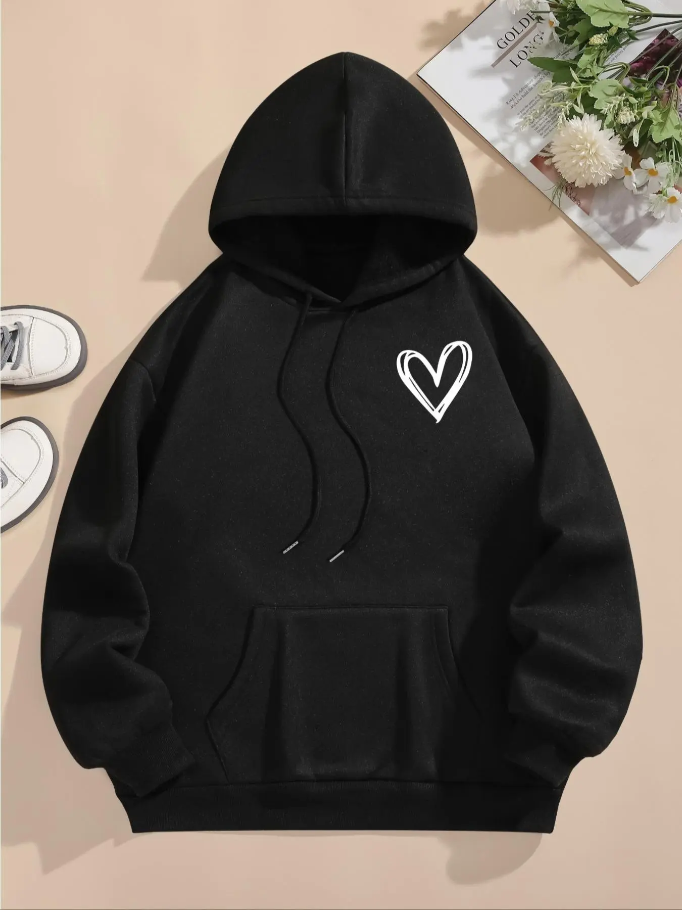 【Plus Size】heart Print Thermal Lined Hoodie, Casual Long Sleeve Hooded Sweatshirt for Fall & Winter, Women's Plus Clothing for Daily Wear, Hoodies for Women