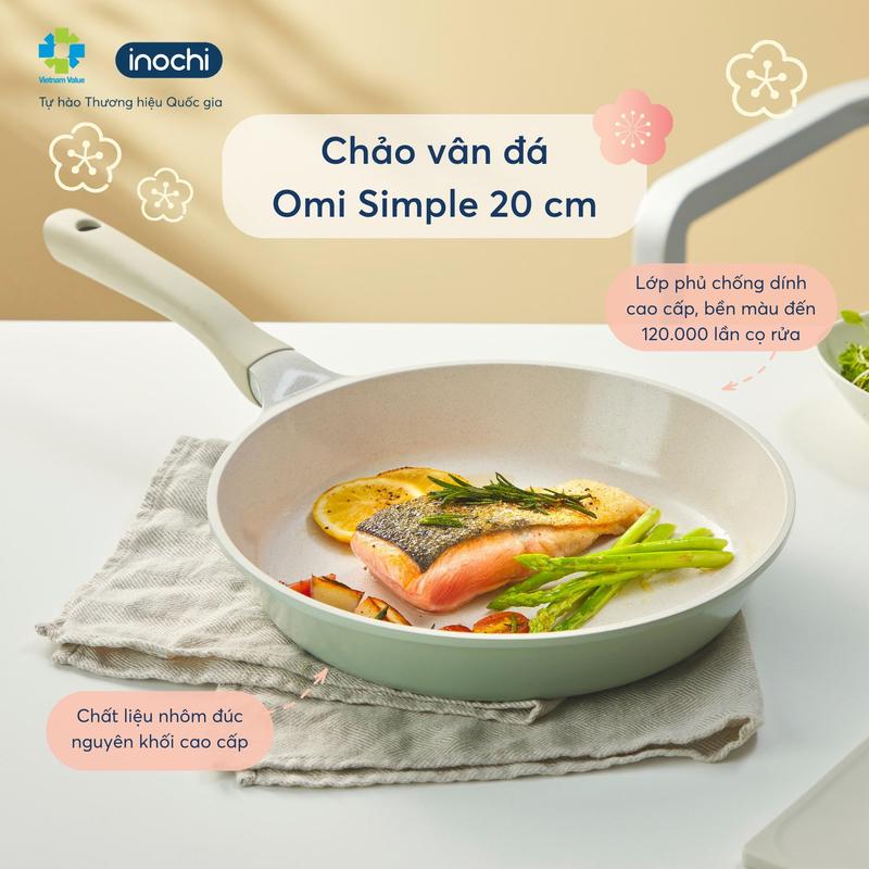Chảo rán/chảo xào vân đá Omi Simple - Inochi - Chống dính Ceramic cao cấp, đáy tiếp từ, sử dụng với nhiều loại bếp chảo  inochi