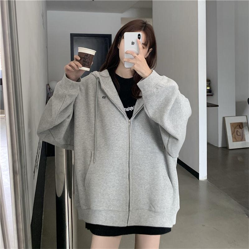 Product Introduction of Large Size Slimming Autumn and Winter Hoodie Coat Women's Ins Zipper Cardigan Fleece-Lined Thick Loose Sweater Women's Fashion 24