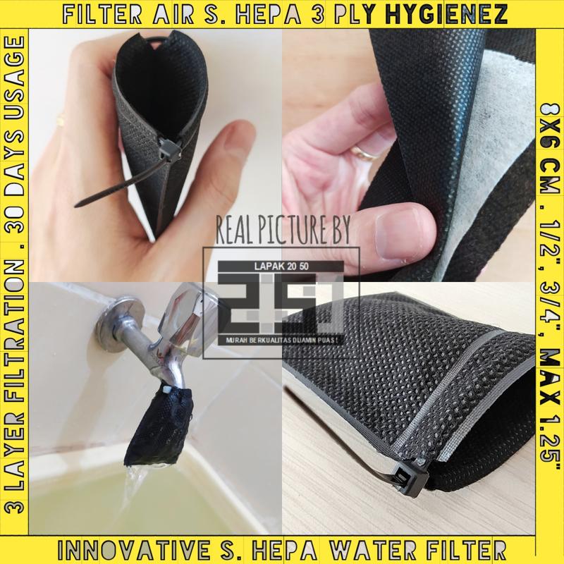 Filter Air Kran HYGIENEZ Saringan Kain 3 Lapis Mikron Semi Hepa Terbaik Kantong Kantung Sambungan Tambahan Keran Wastafel Bak Kamar Mandi Tandon Toren Sumur Bor PDAM Akuarium Aquarium Ikan Kolam Renang Minum Batu Penyaring Penjernih Alami Keruh Bau ZERNII 9