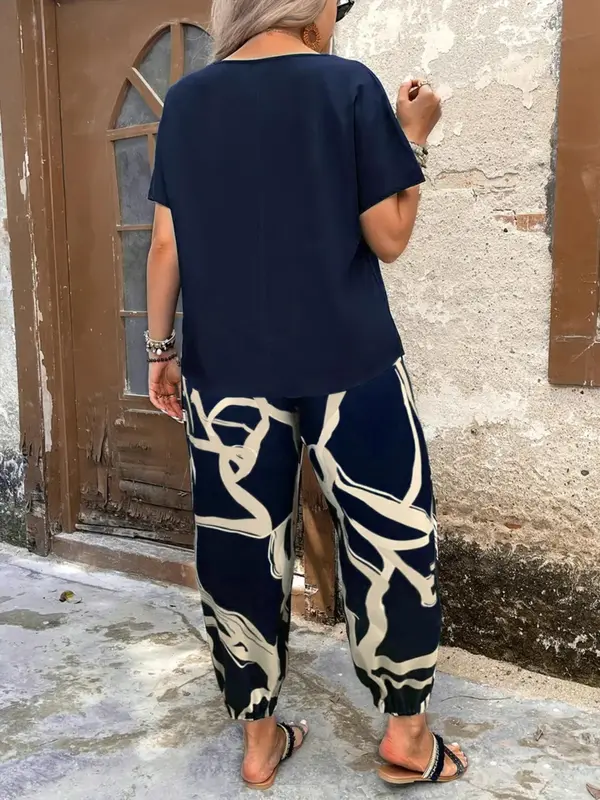 【Plus Size】 Two Counts Batwing Sleeve Blouse & Colorblock Pants Set, Casual Round Neck Top & Trousers 2 Piece Set for Summer, 2 Piece Sets Women, Co Ords for Women for Daily Wear 4