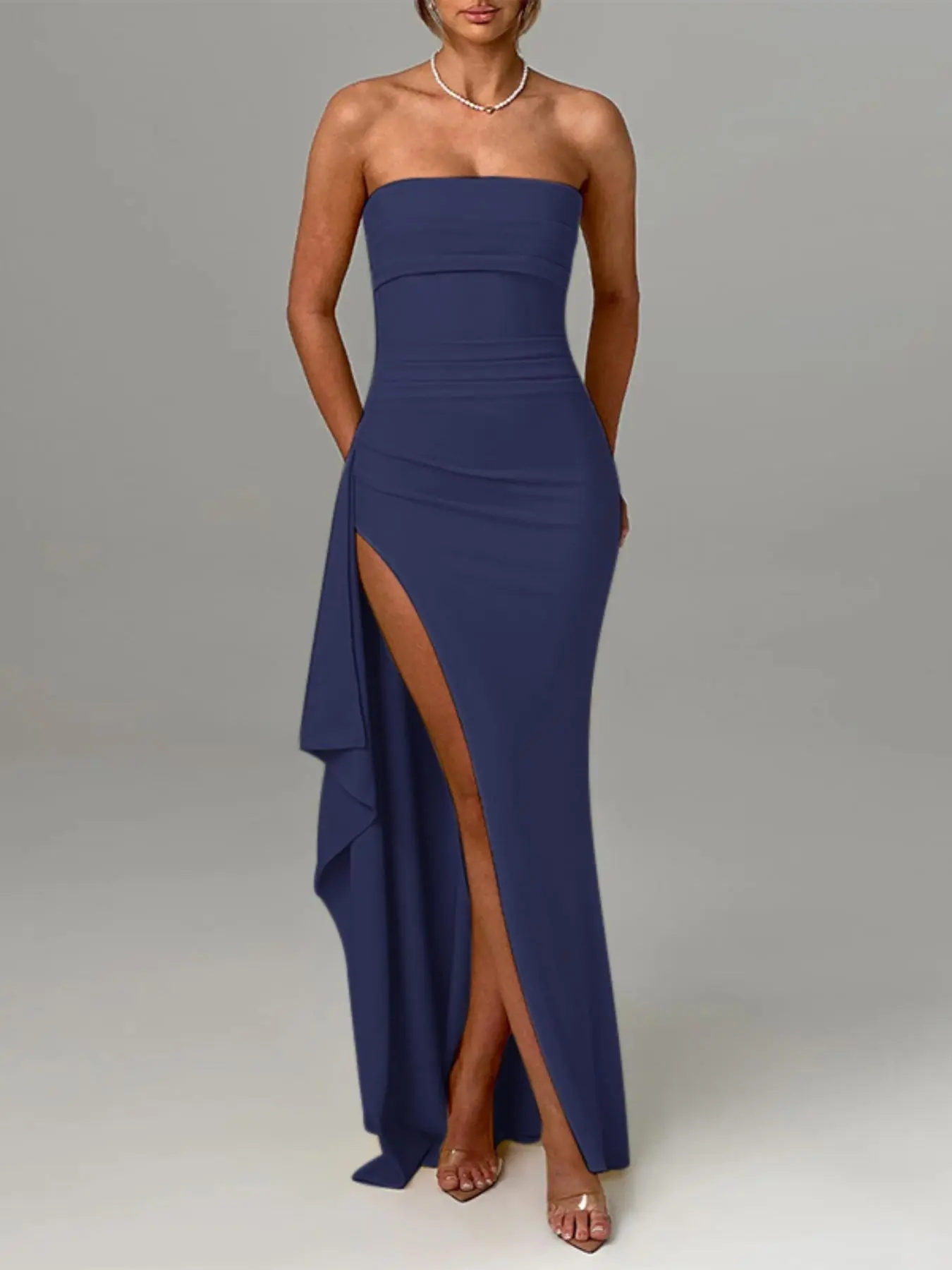 Women's Plain Split Thigh Bodycon Tube Dress, Elegant Strapless Maxi Dress for Party Club Dating Wear, Ladies Clothes for All Seasons