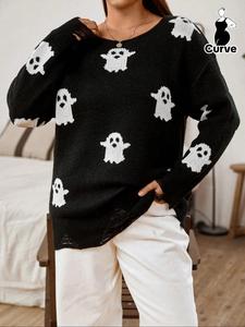 Plus Size Cartoon Ghost Print Ripped Drop Shoulder Sweater, Casual Long Sleeve Round Neck Jumper for Fall & Winter, Women's Knitwear for Daily Wear