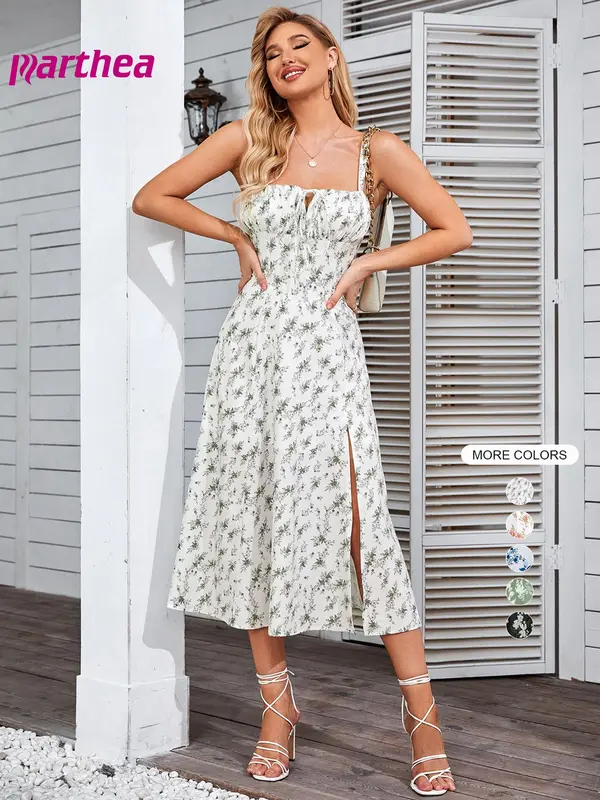 Women's Floral Print Ruched Split Thigh Dress, Elegant Sleeveless Midi Dress for Summer, Ladies Clothes for Beach Holiday, Womenswear 0
