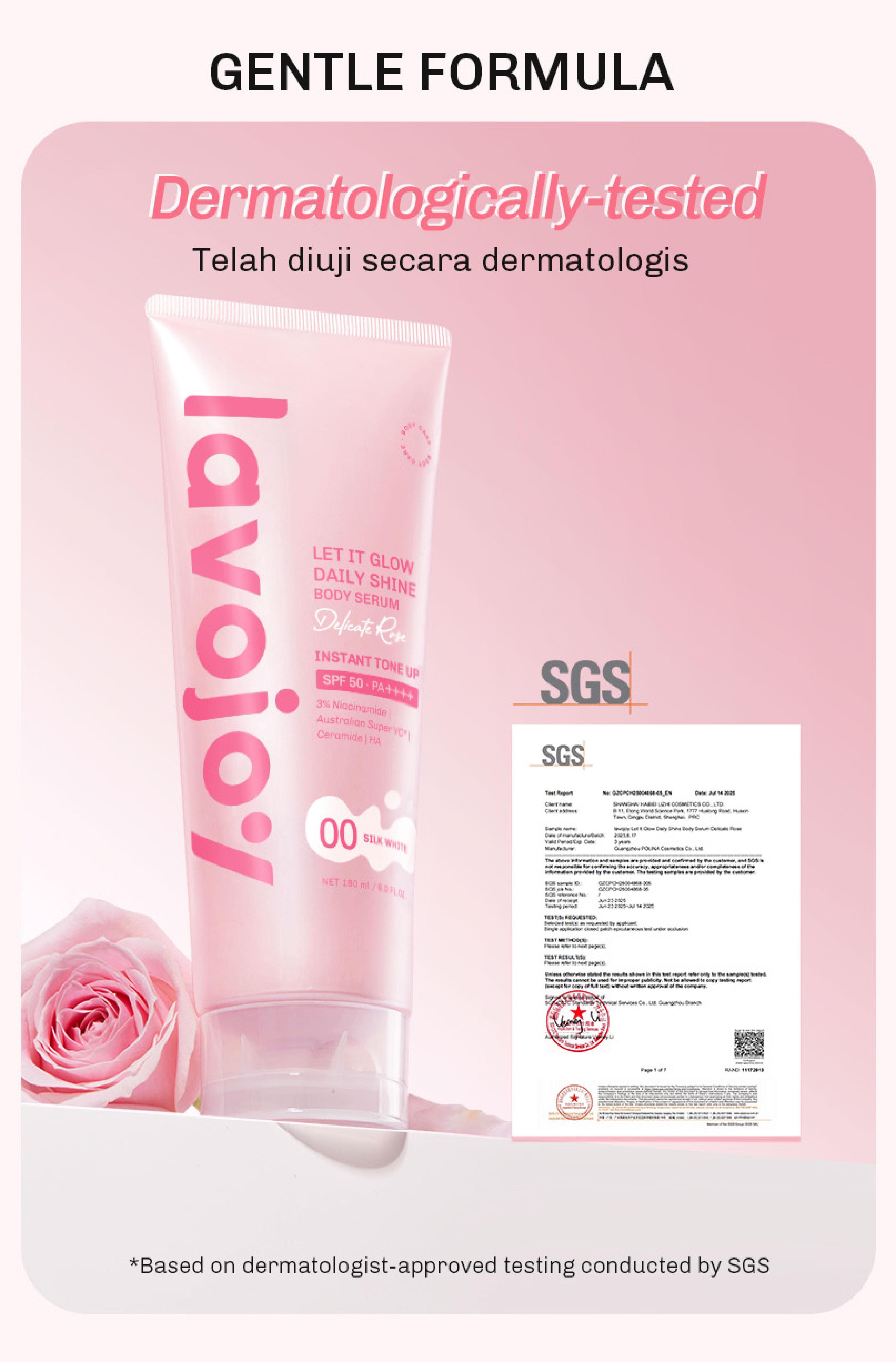 Lavojoy Let It Glow Daily Shine Body Serum Instant Tone Up Delicate Rose with SPF 50PA++++ | Body Serum untuk Perlindungan Sinar UV | Mencerahkan Seketika & Melembapkan Kulit dengan 3% Niacinamide + Australian Super VC + Ceramide