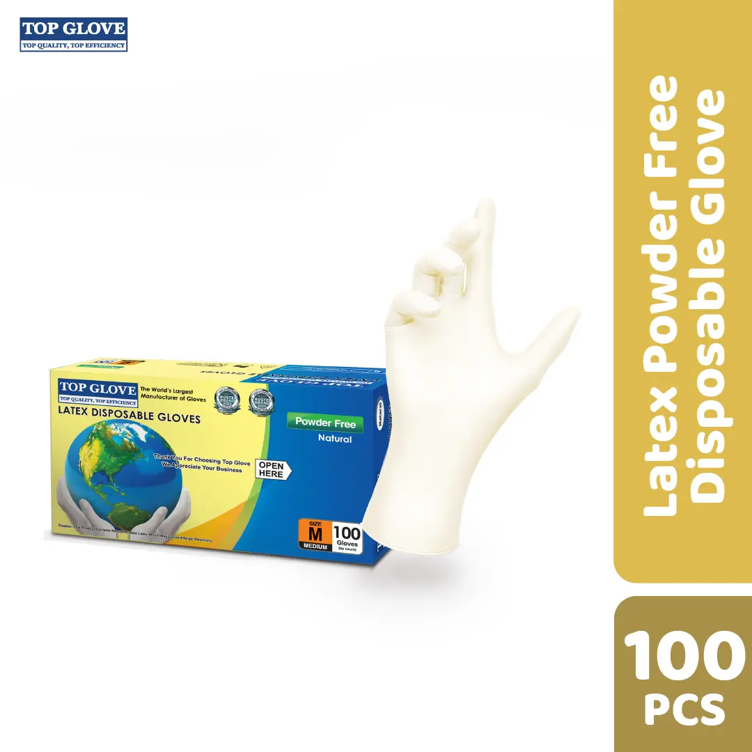 Top Glove Latex Disposable Powder Free Glove, Natural Color |100 Pcs Per Box|, Sarung Tangan Lateks Pakai Buang