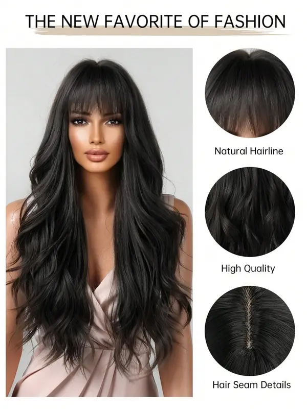 Long Wavy Wigs for Women, Gorgeous Fluffy Wigs with Bangs, Synthetic Wigs for Party, Daily Use 4