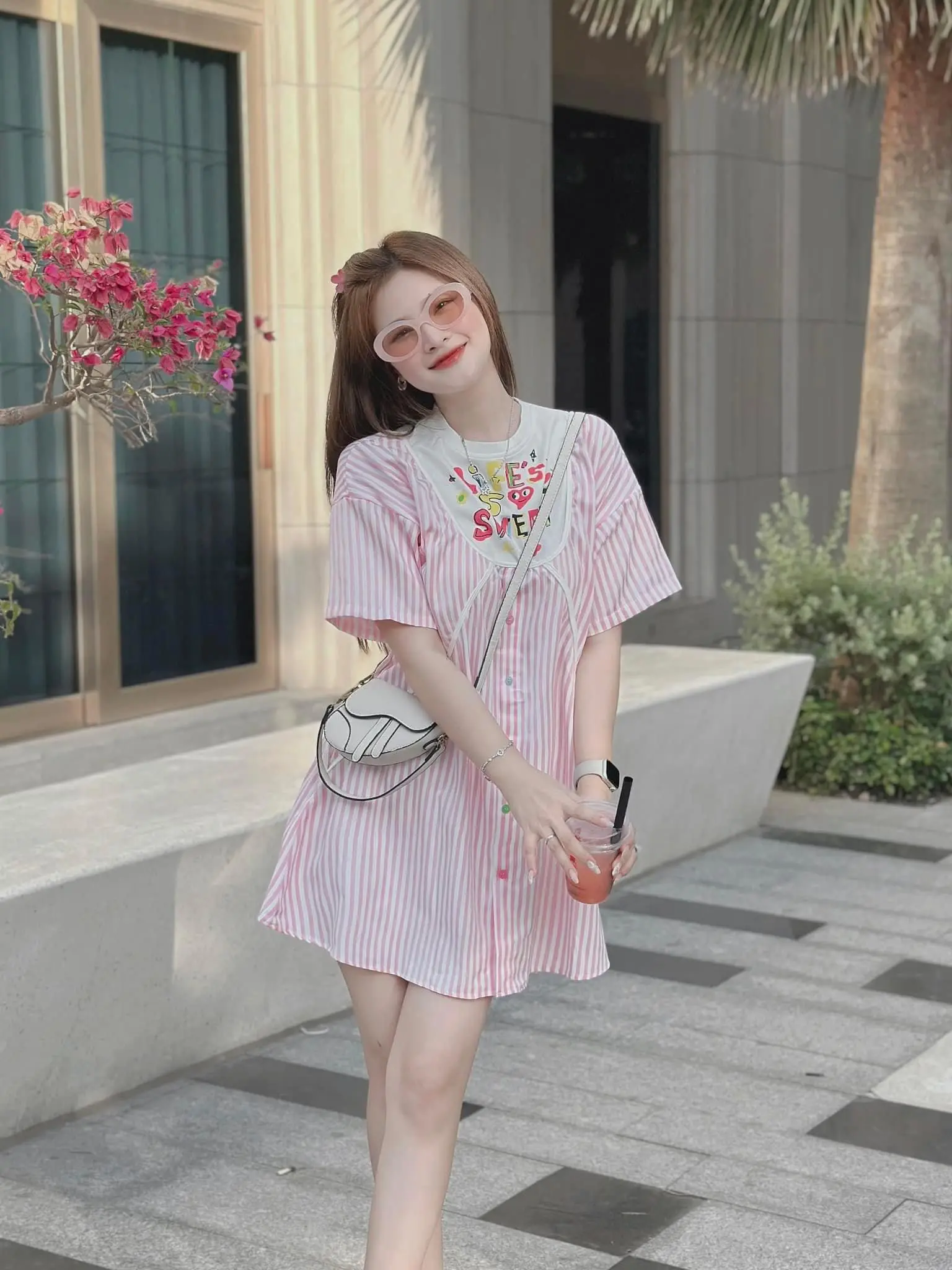 DEAL MỞ BÁN Sét váy Nữ, Set váy babydoll kẻ hồng in chữ ở cổ Women Dress Tre