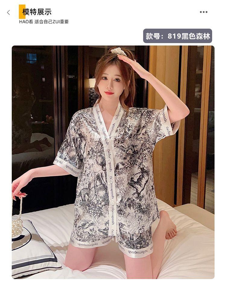Product Introduction of Women's Pajamas 2022 New Summer Thin Ice Silk Cardigan Camellia Set Short Sleeve Cartoon Princess Style Loungewear 30