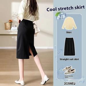 New Style Suit Fabric Skirt Summer Thin Straight Long Skirt High Waist Slimming Elastic Waist with Pockets Professional Wear Skirt for Women