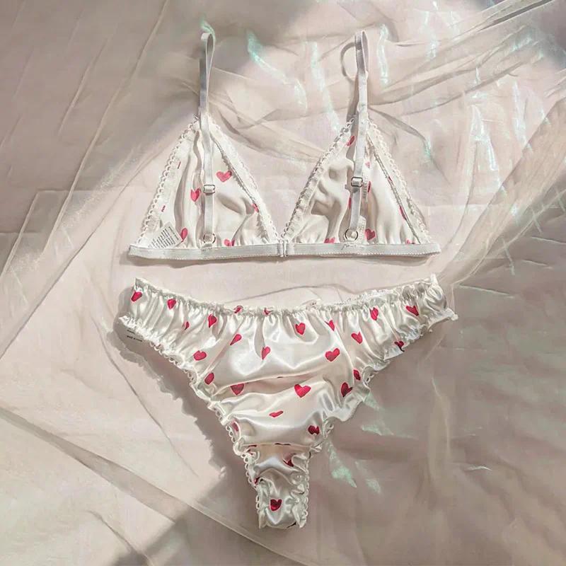 Bộ Đồ Lót Áo Ngực Và Quần Lót, Chất Liệu Satin Mượt Mà Mềm Mại, Đồ Lót Hình Trái Tim Gợi Cảm, Quần Lót Bikini, Bộ Đồ Ngủ, Dễ Thương Và Mềm Mại, Dây Đeo Trơn Thích Hợp Làm Quần Áo Ngủ 3