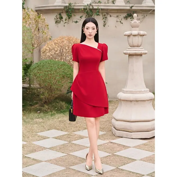 Đầm nữ thiết kế dáng A tay ngắn phối cổ chéo chất tuyết nhung Orchid - OH10A320