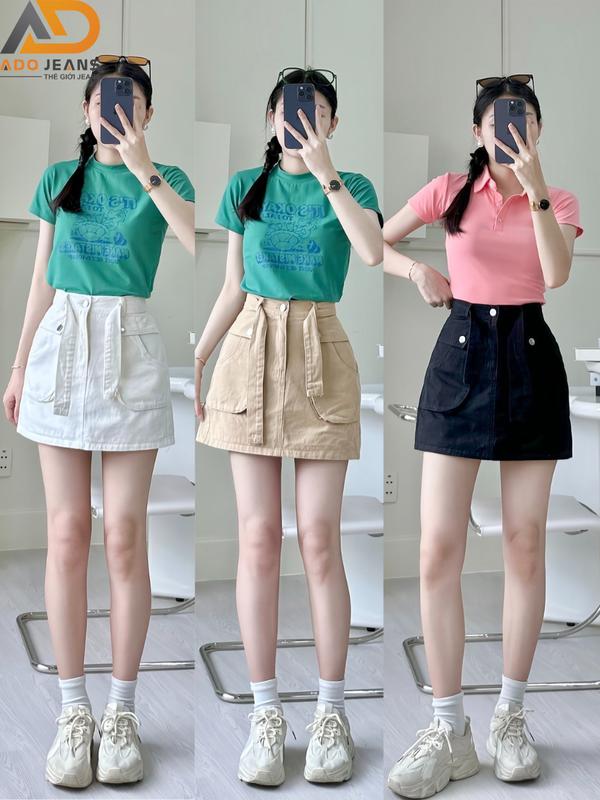 Chân váy kaki  túi hộp, chân váy chất thô kèm đai nịt  phong cách(TH02) Nữ Kem Women Trắng