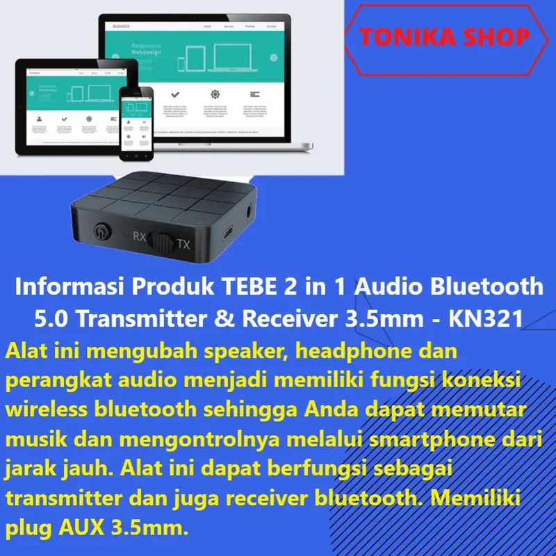 Audio Bluetooth 5.0 Universal Transmitter & Receiver TEBE 2 in 1 - 3.5 Earphone Headphone Speaker Wireless Accessories Plastik 1