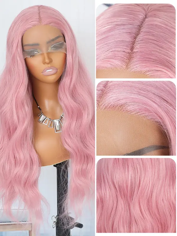 26 Inch Pink Long Wavy Wigs for Women, Gorgeous Fluffy Wigs without Bangs, Synthetic Wigs for Party, Daily Use 2