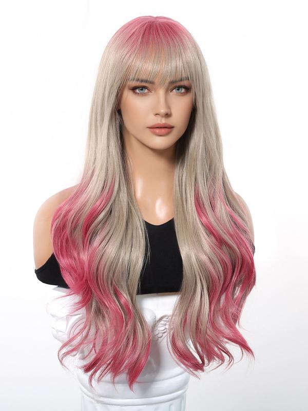 Long Ombre Color Curly Wigs for Women, Gorgeous Fluffy Wigs with Bangs, Synthetic Full Machine Wigs for Party, Daily Use 3